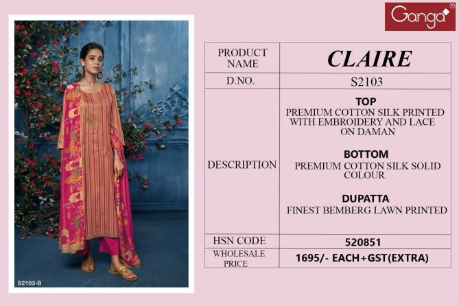 Claire 2103 By Ganga Cotton Silk Printed Dress Material Catalog